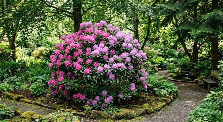 kvetoucí rododendron v zahradě s hustou korunou, plné kvetení, jemný polostín pod stromy