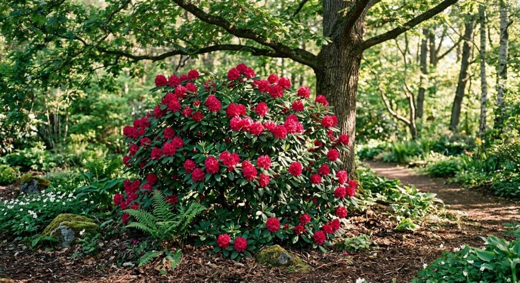 rododendron na ideálním stanovišti – polostín pod listnatým stromem, ranní slunce