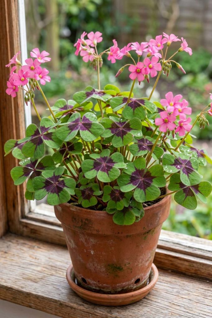 Oxalis tetraphylla v hrnci – přirozeně čtyřlístkový šťavel s purpurovým středem listů a růžovými kvítky