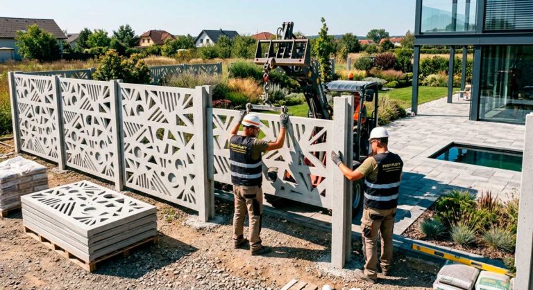 betonový plot s dekoračními vzory, moderní zahrada, montáž plotových dílců