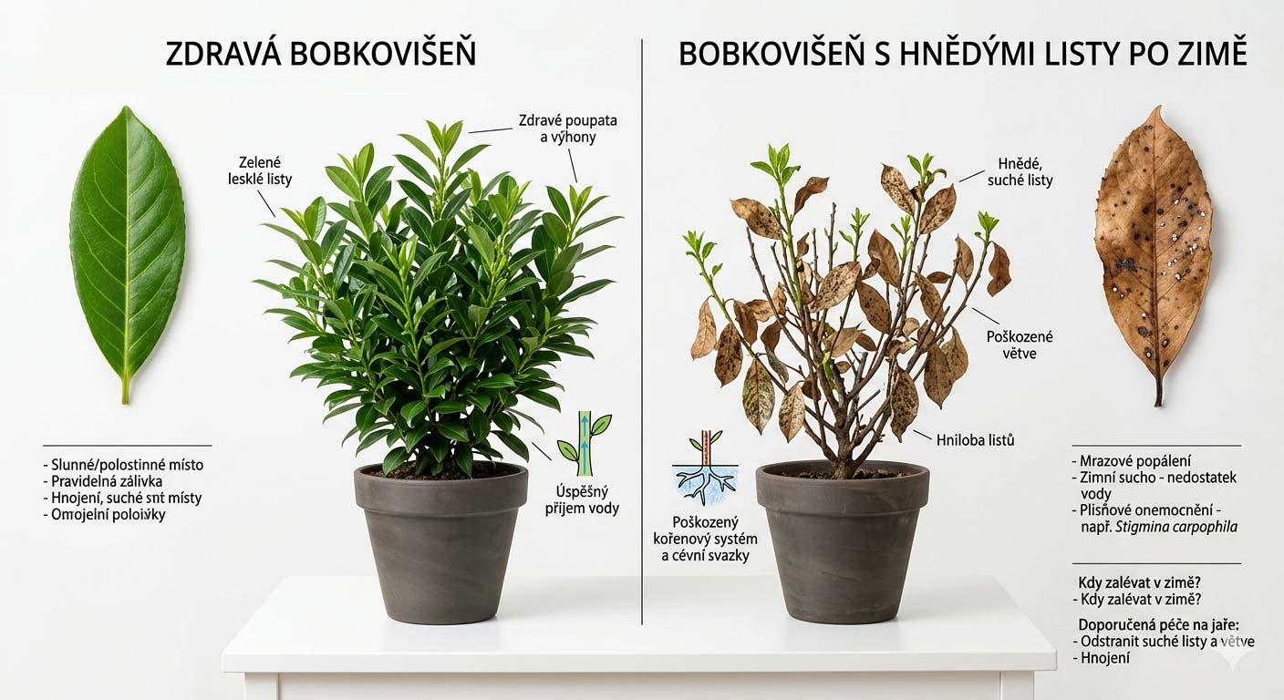 bobkovišeň s hnědými listy po zimě, porovnání s zdravými zelenými listy
