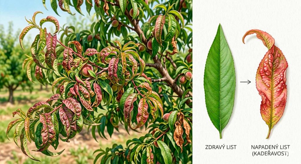 broskvoň s kadeřavostí listů – deformované zkroucené listy, porovnání zdravého a napadeného listu