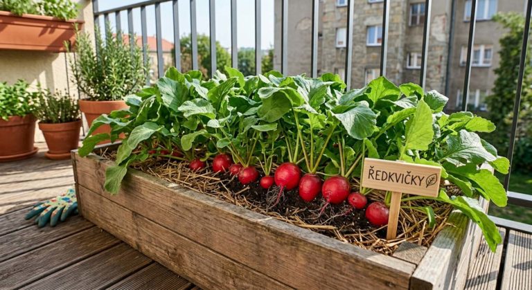 červené ředkvičky v truhlíku na balkóně, výrazné červené kořínky viditelné u povrchu substrátu
