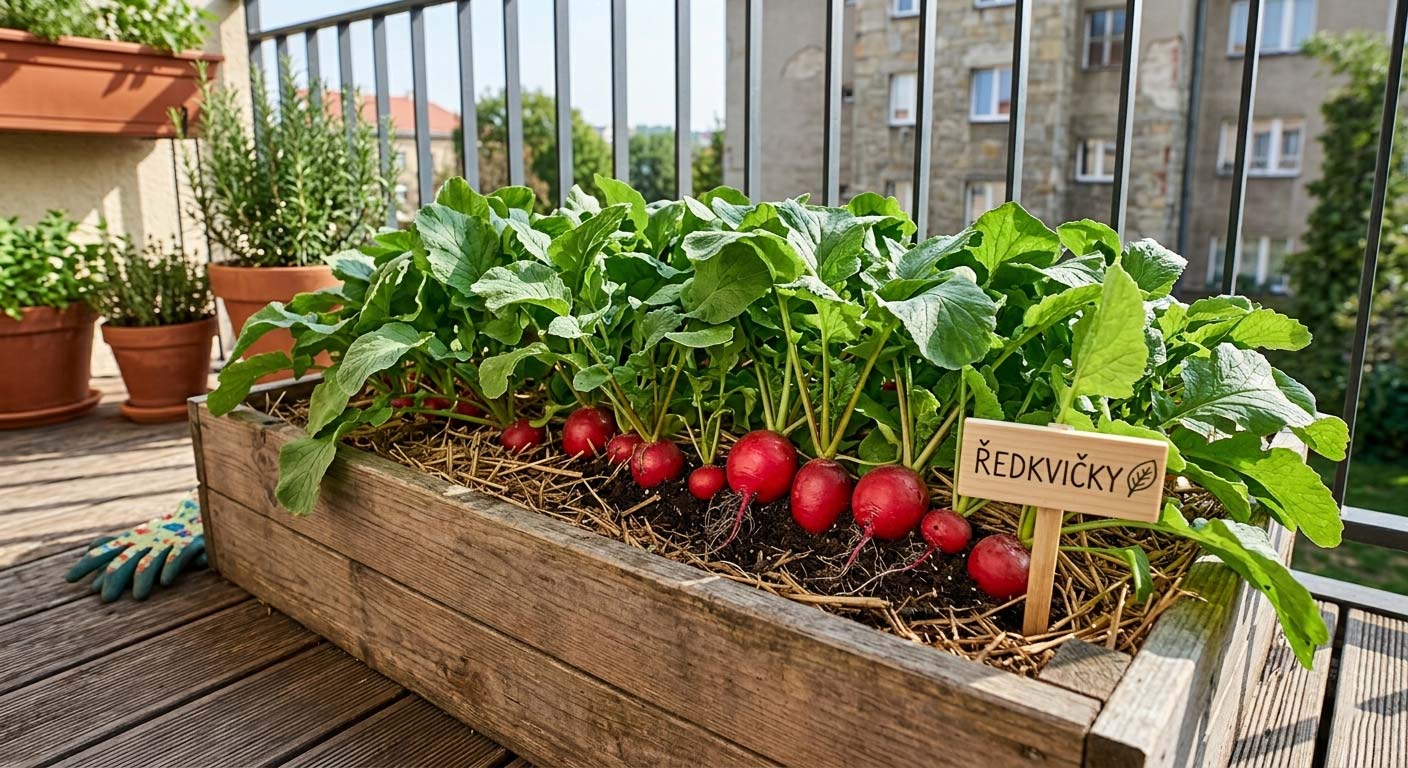 červené ředkvičky v truhlíku na balkóně, výrazné červené kořínky viditelné u povrchu substrátu