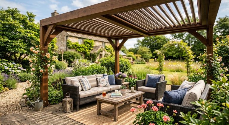 dřevěná pergola s lamelovou střechou na zahradě, letní sedací souprava pod ní