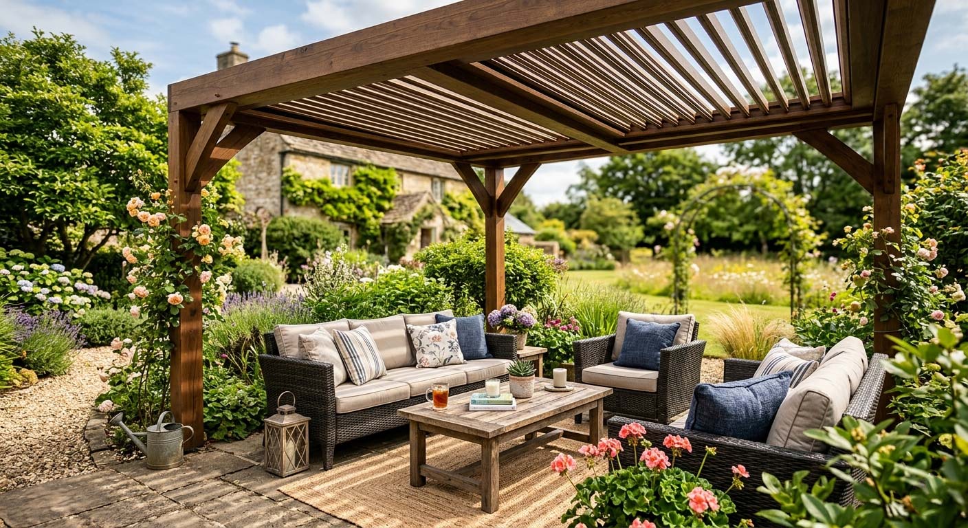 dřevěná pergola s lamelovou střechou na zahradě, letní sedací souprava pod ní