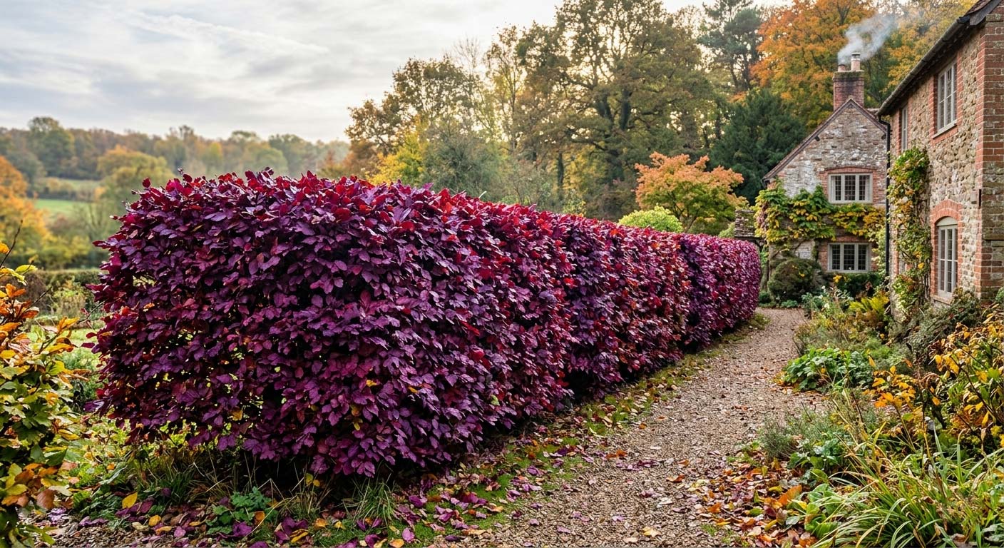 husté buky červené jako živý plot s purpurovými listy, podzimní záběr