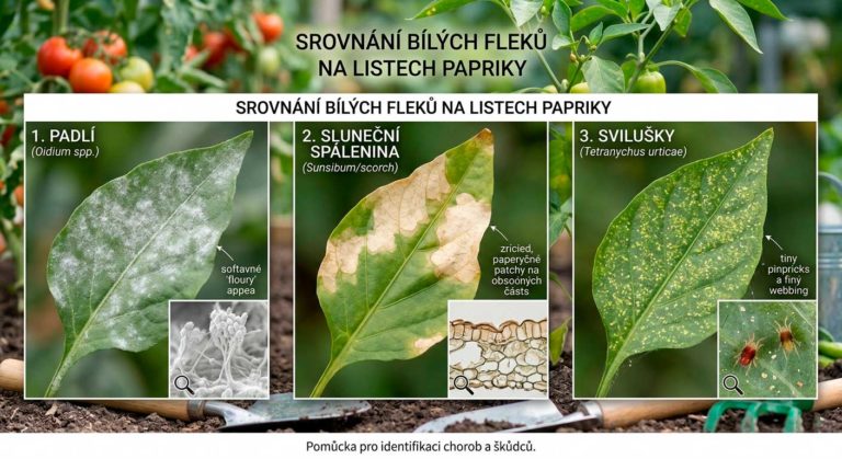 list papriky s bílými fleky – srovnání padlí, sluneční spáleniny a svilušek