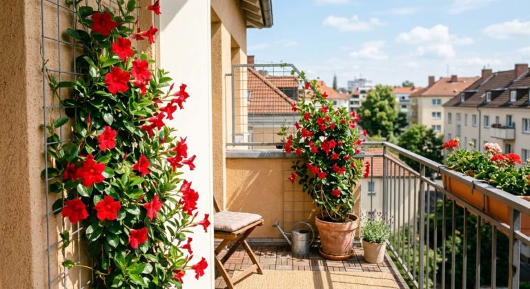 mandevilla s červenými květy na balkóně, provázaná na drátěnou oporu, letní záběr