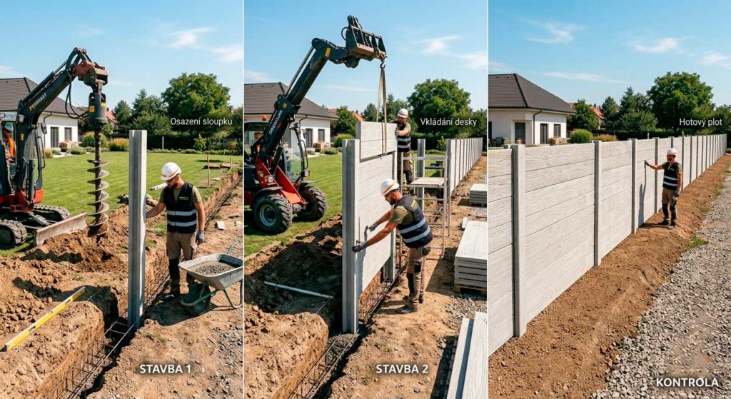 montáž betonového plotu – osazení sloupků do betonu, vkládání desek, hotový výsledek