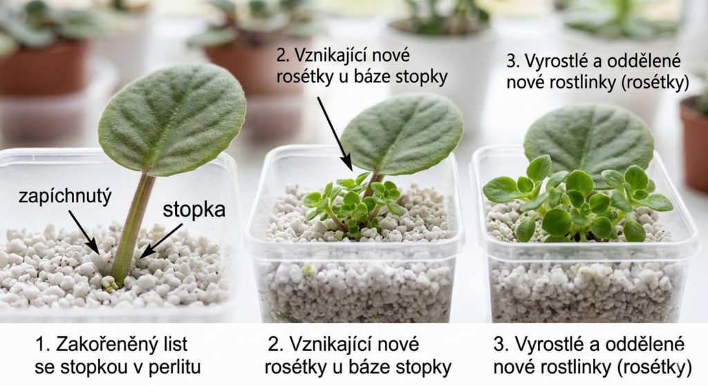 postup množení africké fialky – list se stopkou, zapíchnutý v perlitu, nové rosétky