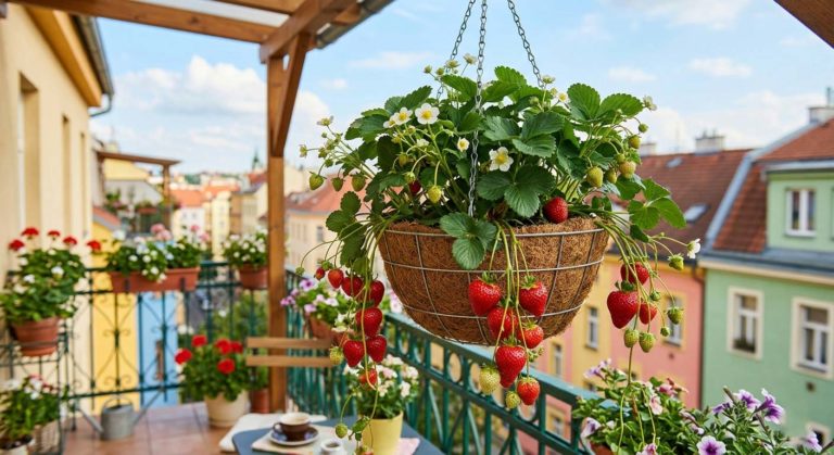 převislé jahody v závěsném košíku na balkóně, červené plody, letní pohled
