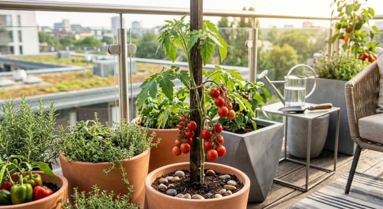 rajčata pěstovaná v nádobách na slunné terase, červené plody, moderní balkón