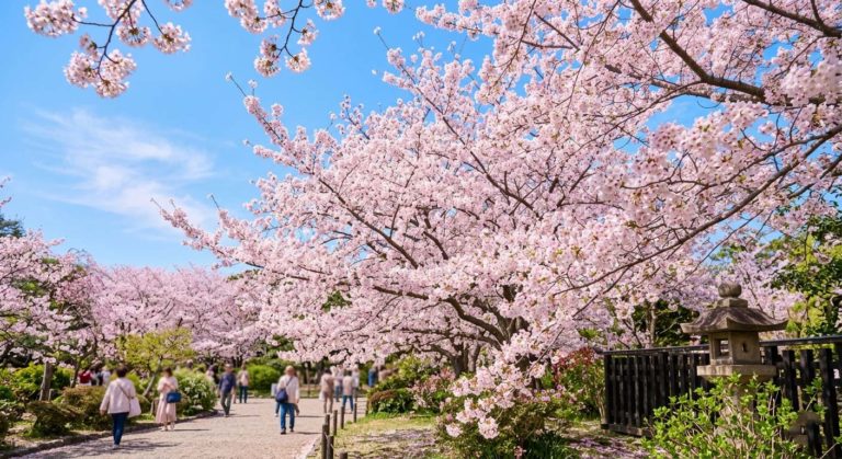 sakura v plném květu, jarní záběr, modrá obloha v pozadí