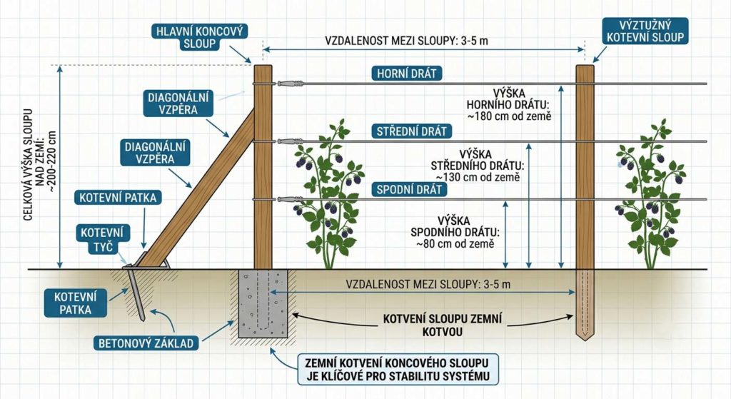 schéma opory pro ostružiny – sloupky, tři dráty, vzdálenosti, kotvenísloupu