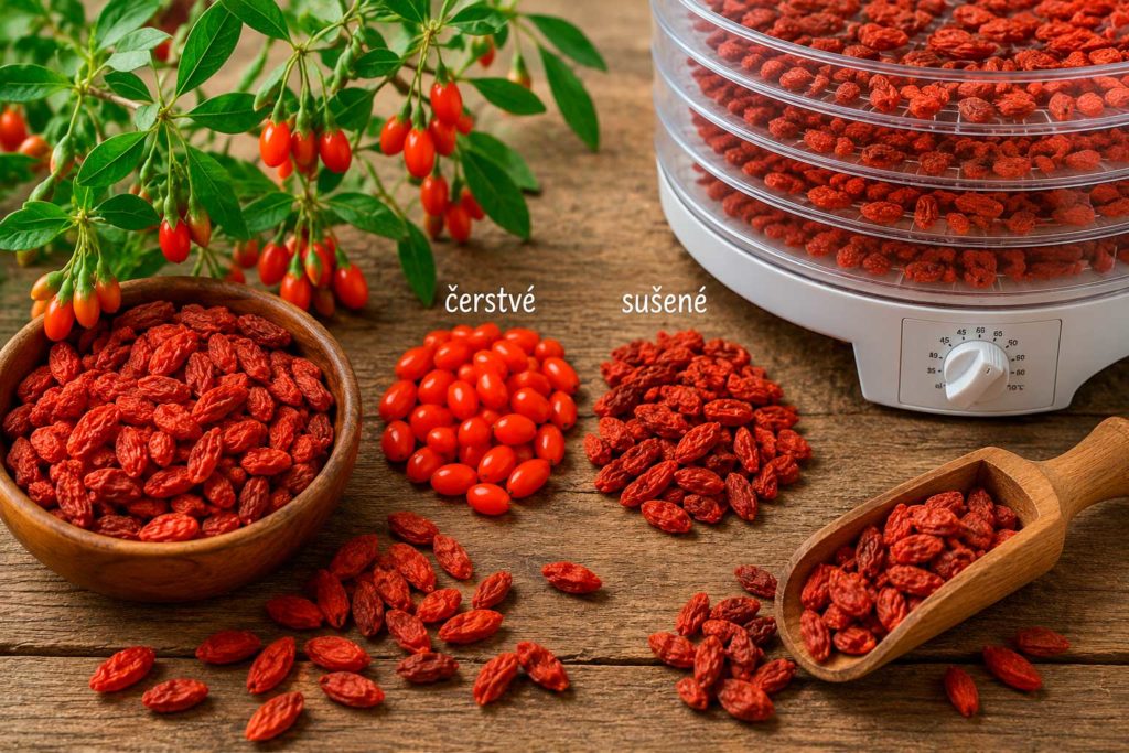 sušené plody goji na dřevěném podkladu, srovnání čerstvých a sušených plodů, domácí sušička