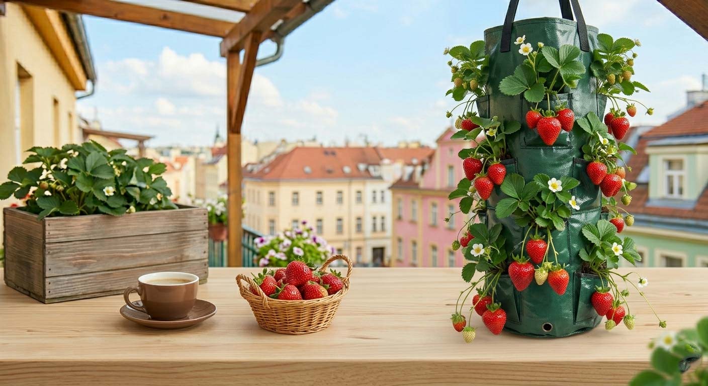 vertikální vak na jahody na balkóně, červené plody vyrůstající z bočních otvorů, letní záběr