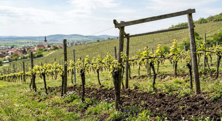 vinice na jaře – mladé rašící výhony vinné révy, pohled na záhon nebo pergolu, rané jaro