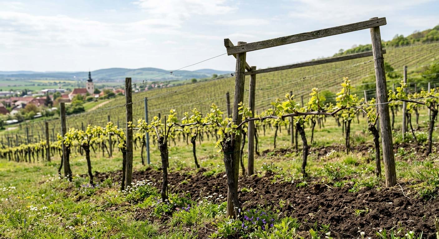 vinice na jaře – mladé rašící výhony vinné révy, pohled na záhon nebo pergolu, rané jaro