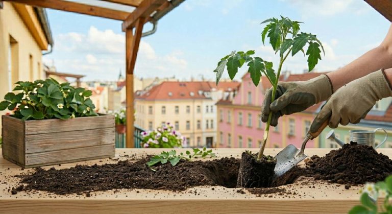 výsadba rajčatové sazenice do záhonu, správná hloubka, viditelné spodní listy odstraněné před výsadbou
